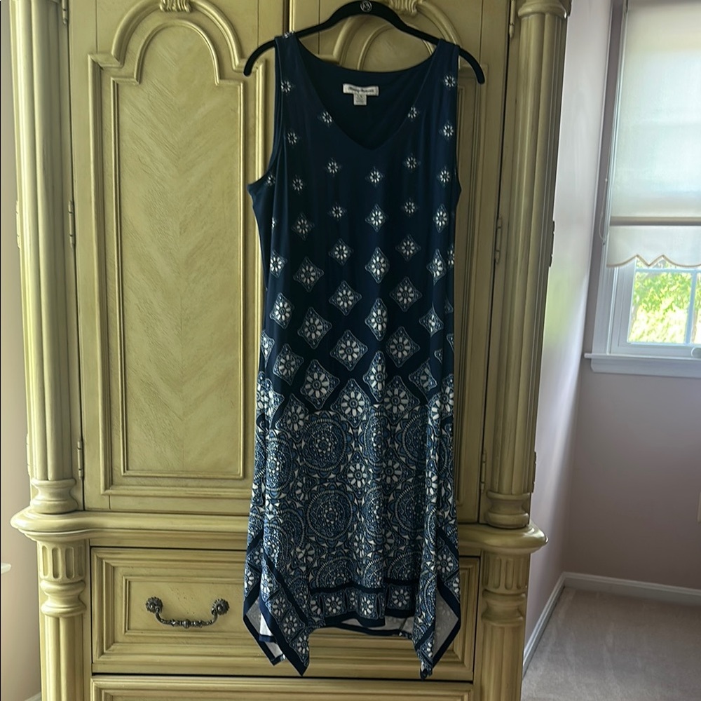 Tommy Bahama L Elegant Navy Blue Patterned Dress